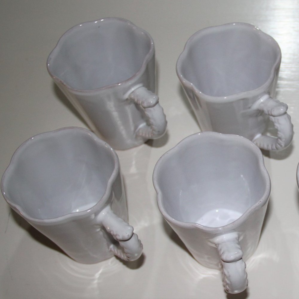 Mariposa White Ceramic Scalloped Hand-Painted Glazed Mugs Made in Italy Set of 4